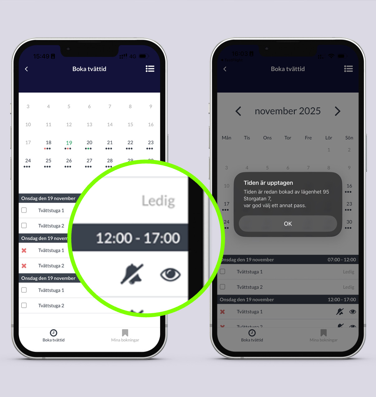 Bild på appen och funktionen vem har bokat